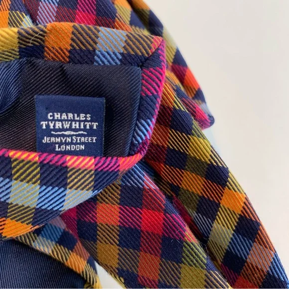 Charles Tyrwhitt Wool Silk Tie Multicolor Gingham Plaid Rainbow 58"L x 3.5"W - Picture 4 of 5